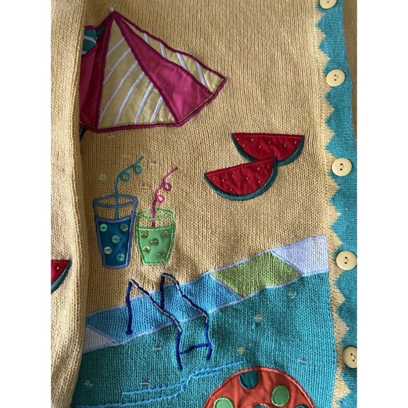 QUACKER FACTORY Summer Theme Cardigan Appliqué Sequins Size Large Button Front - Picture 4 of 10